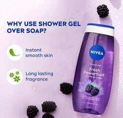 Purple NIVEA Fresh Powerfruit shower gel bottle with blue cap