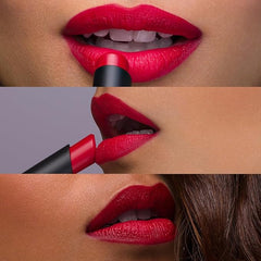 Red lipstick on lips during application, with lipstick bullet visible.