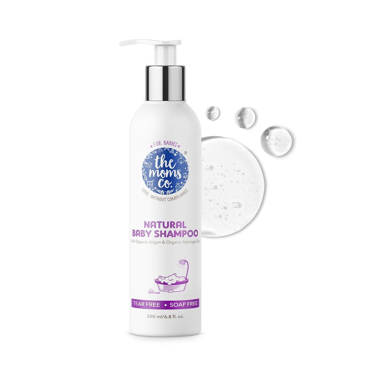 Natural baby shampoo bottle with pump, white bottle and purple label