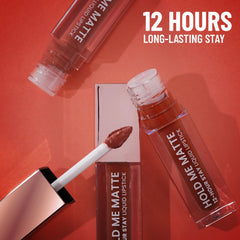 Matte liquid lipstick tube and doe-foot applicator with nude-brown lip swatch