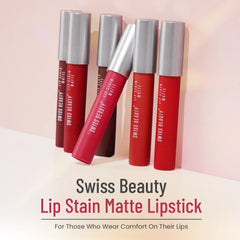 Set of matte lip stain lipsticks in red and pink shades with silver caps