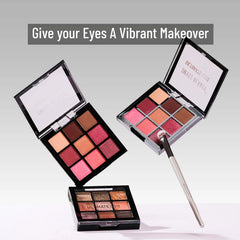Eyeshadow palette open with pink, nude, and rose pans and a makeup brush