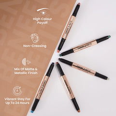 Twin eyeshadow sticks with matte and metallic finish tips, angled view