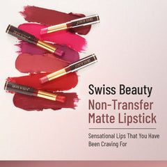 Non-transfer matte lipstick set with scarlet swatches and gold-capped tubes