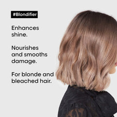 Blondifier Gloss shampoo benefits shown on light blonde bob haircut