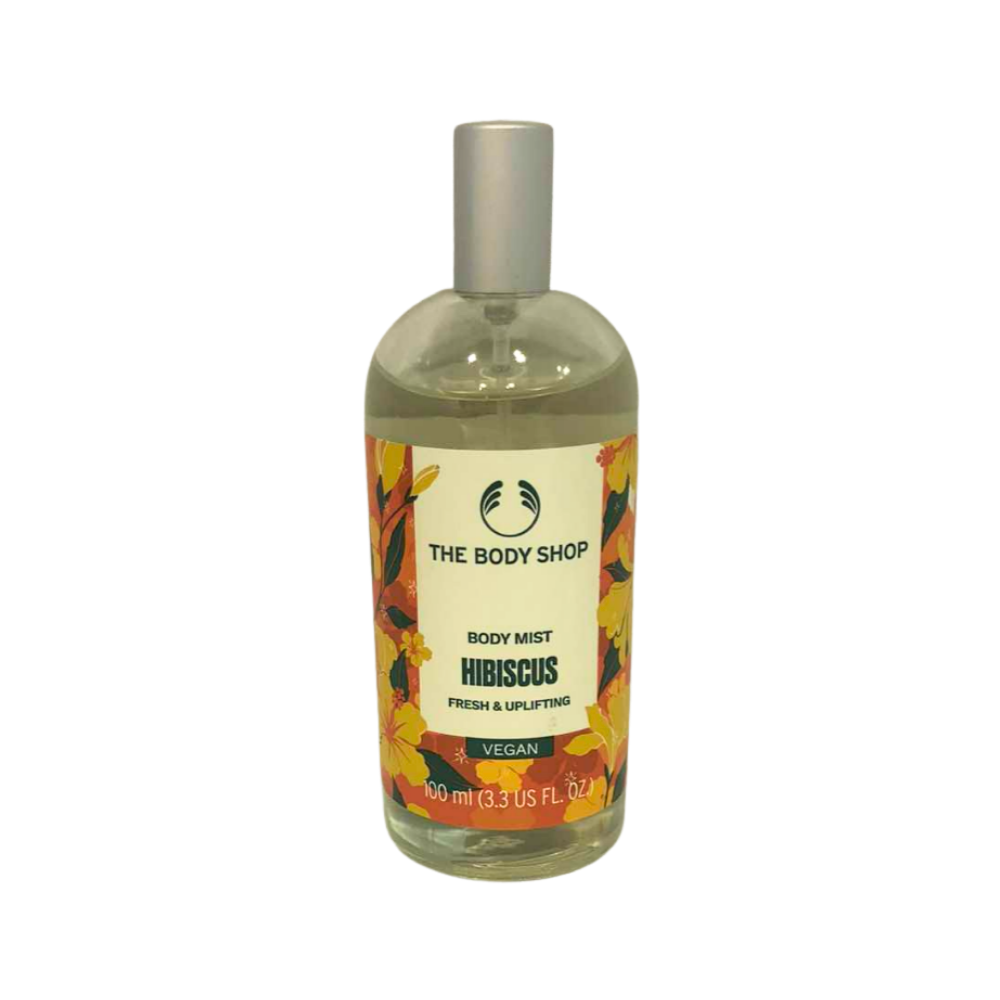 The Body Shop hibiscus body mist bottle, 100 ml, clear glass with label