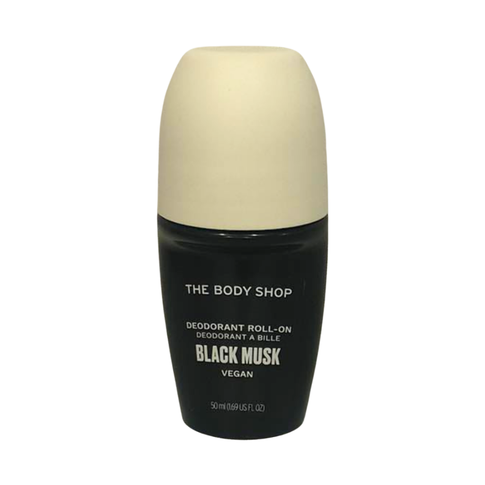 The Body Shop Black Musk deodorant roll-on with beige cap, 50 ml, vegan.