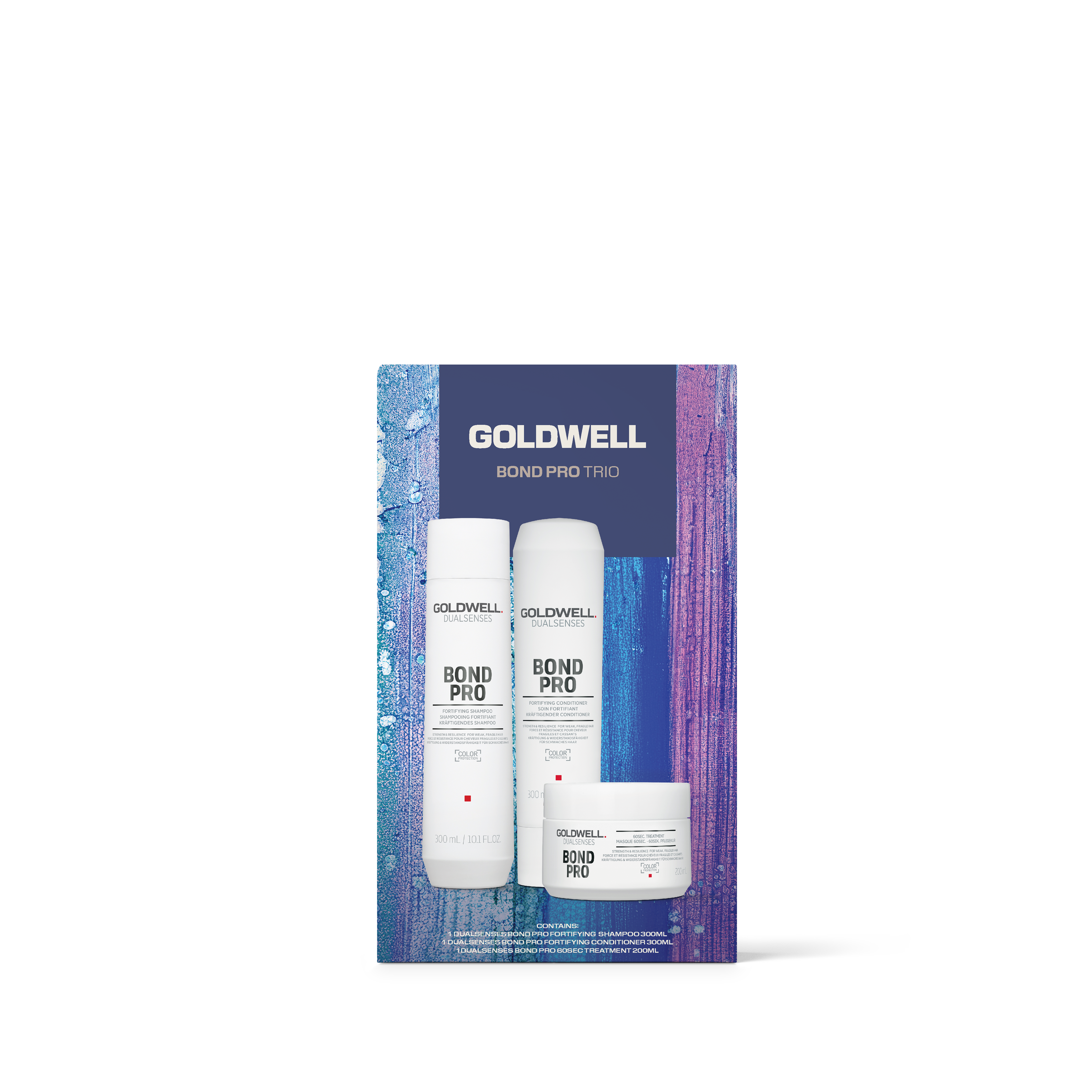 Goldwell Bond Pro Trio hair care set with shampoo, conditioner, and mask tubes