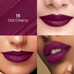 Deep old cherry satin lipstick on lips, shade 15, close-up