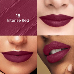 Intense Red lipstick swatch on lips, maroon-red satin finish