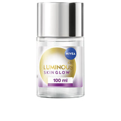 Nivea Luminous Skin Glow liquid exfoliant bottle, clear glass jar, 100 ml, black cap