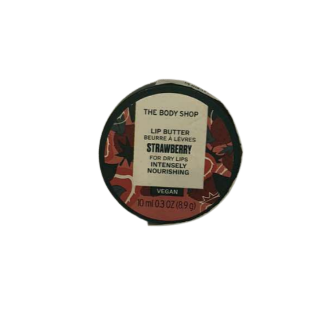 Strawberry lip butter jar with The Body Shop label, vegan, 10 ml