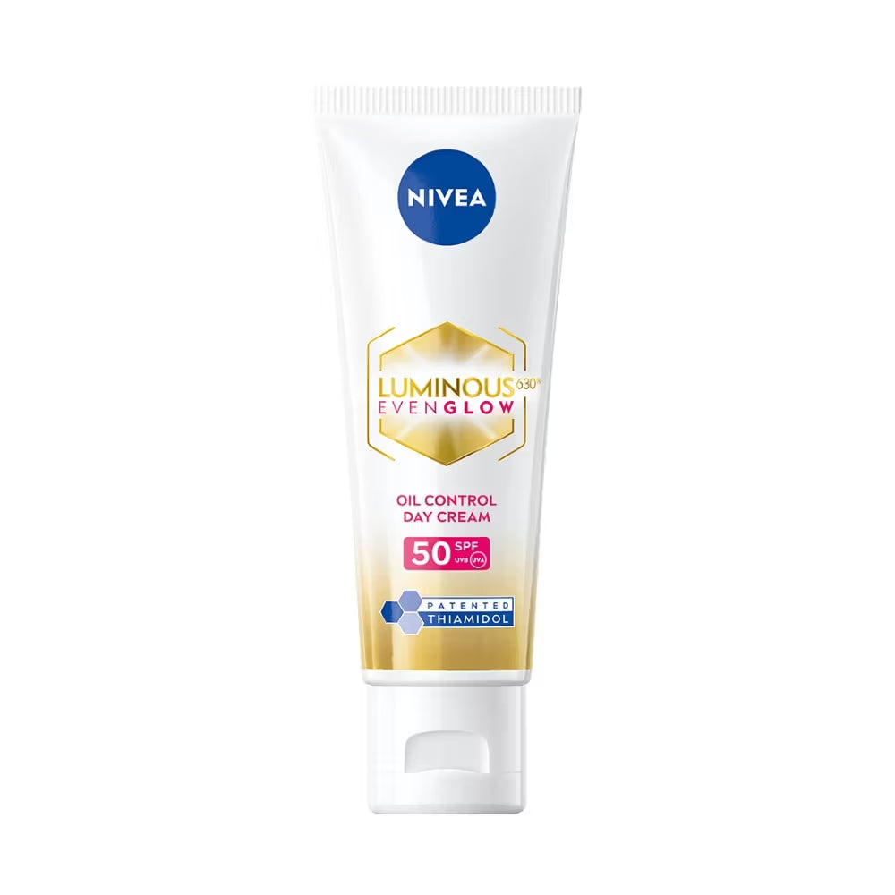NIVEA Luminous Even Glow oil control day cream SPF 50 tube, white with blue logo