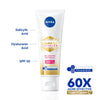 NIVEA Luminous Even Glow oil control day cream SPF 50 tube with ingredient callouts