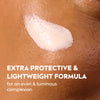 Lightweight day cream swatch on skin with extra protective formula text