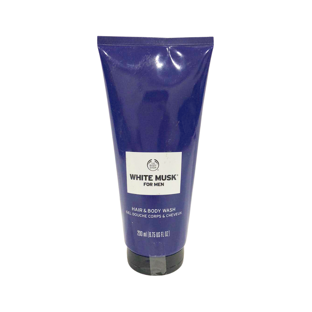Men's hair & body wash tube, purple with White Musk label, 200 ml.