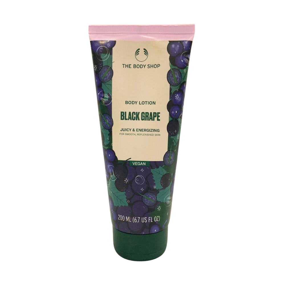 The Body Shop Black Grape body lotion tube with pink cap, 200 ml