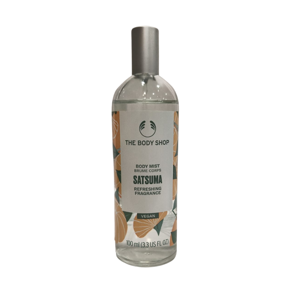 Satsuma body mist bottle, clear glass with silver cap, 100 ml label