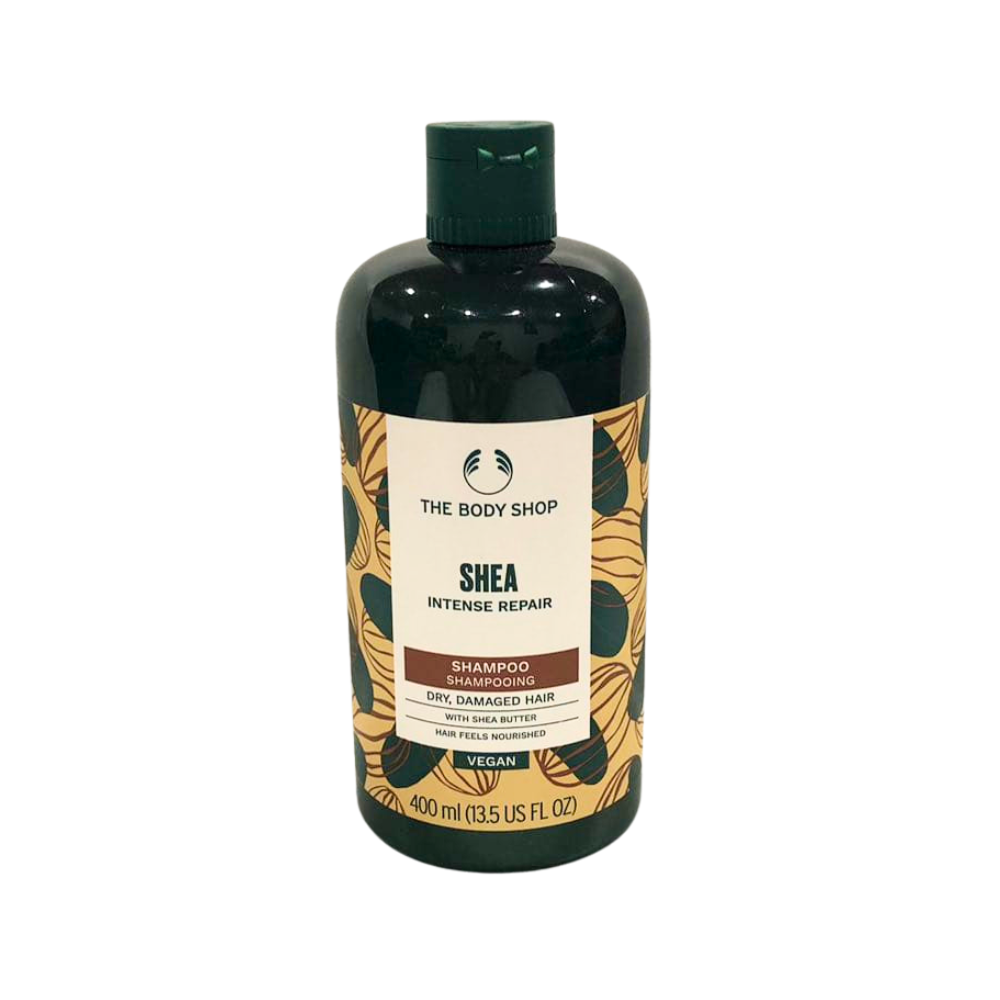 Shea Intense Repair shampoo bottle with dark green cap and tan label, 400 ml