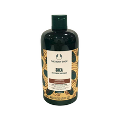 Shea Intense Repair shampoo bottle with dark green cap and tan label, 400 ml