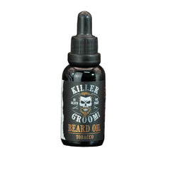 Killer Groom beard oil bottle with tobacco label