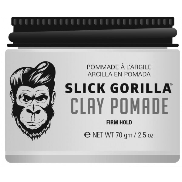 Hair clay pomade jar with black cap, white label, Slick Gorilla branding