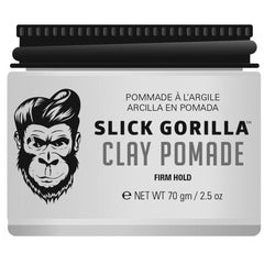 Hair clay pomade jar with black cap, white label, Slick Gorilla branding