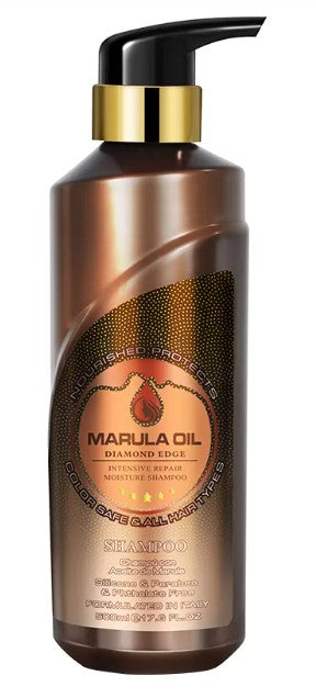 Marula oil shampoo bottle with gold pump and brown label