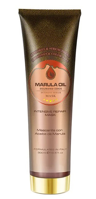 Marula Oil diamond edge hair mask tube with gold cap and beige label