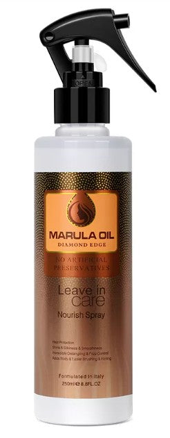 MARULA OIL leave-in care spray bottle with pump, clear bottle and gold label