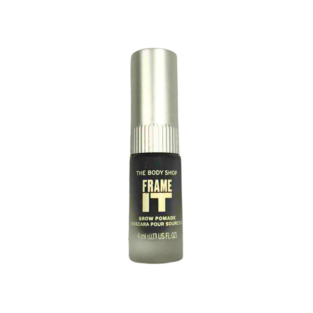 Black brow pomade in a clear tube with silver cap, The Body Shop Frame IT