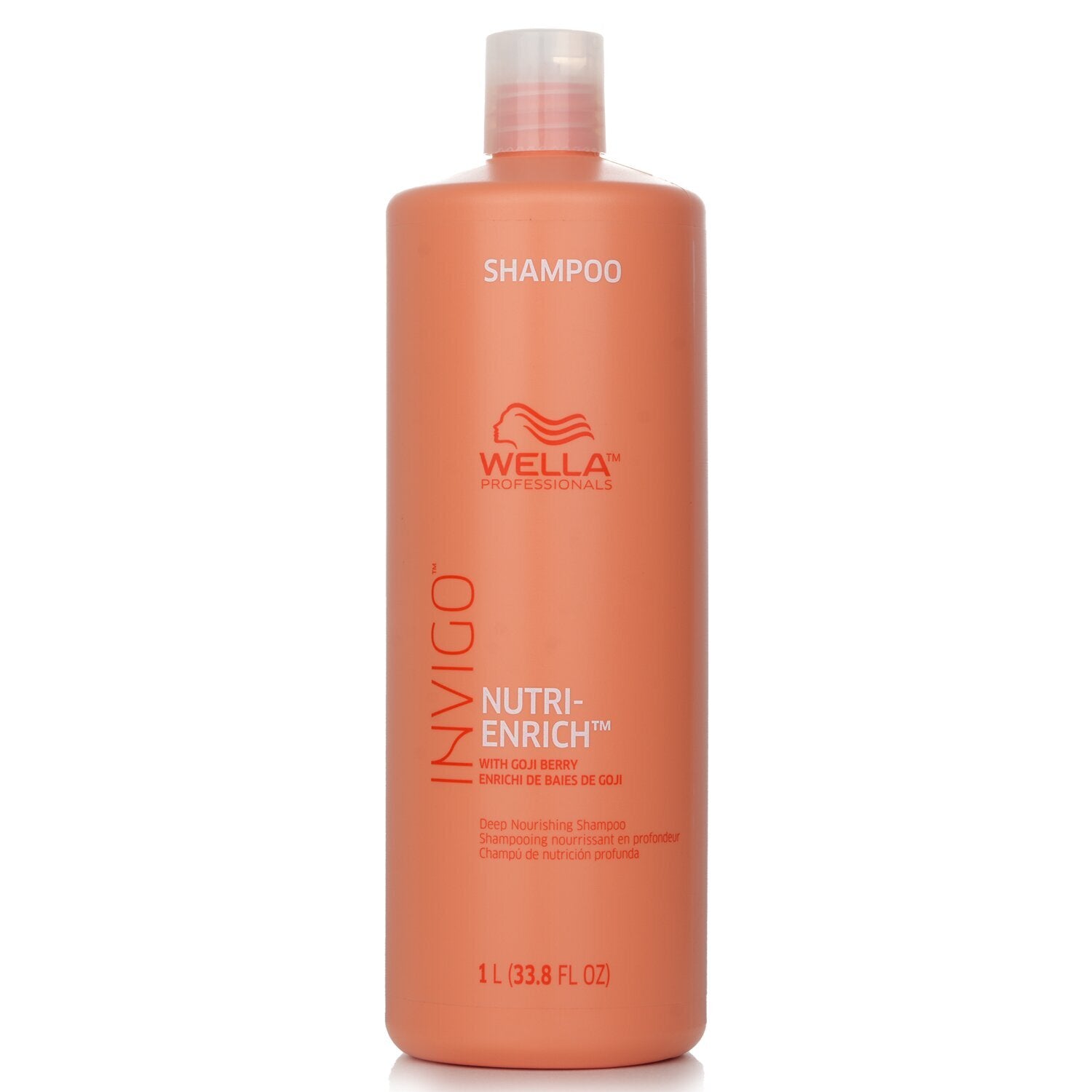 Wella Professionals Invigo Nutri Enrich shampoo bottle, 1 L, orange pump bottle