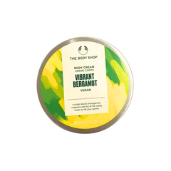 Vibrant bergamot body cream jar with green and yellow label, 200 ml