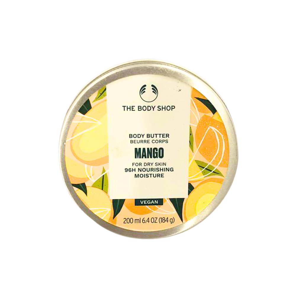 The Body Shop mango body butter jar, round plastic tub with foil lid