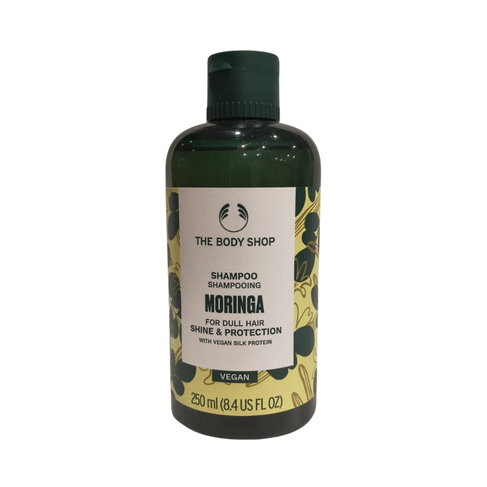 The Body Shop Moringa Shine & Protection shampoo bottle, 250 ml, green label