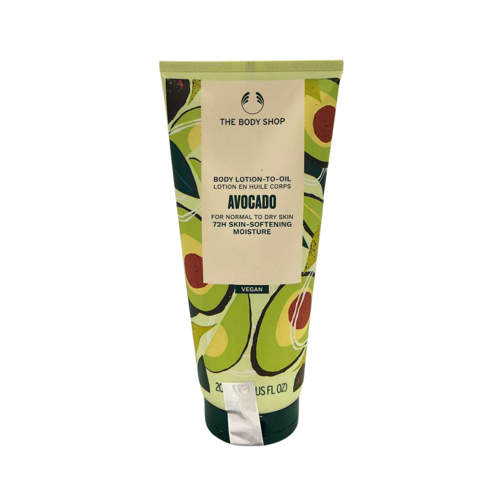 Avocado body lotion-to-oil tube, green cream with avocado graphics