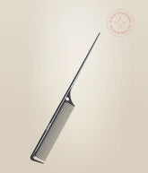 Carbon tail comb with fine metal teeth and a pointed tail, dark handle