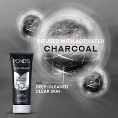 Detox facewash with activated charcoal, shown with bubble and charcoal graphic