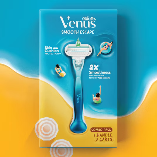 Gillette Venus Smooth Escape razor handle and 3 cartridges in retail combo pack box