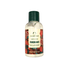Body lotion bottle with dark green cap, pomegranate label, 50 ml