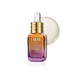 Lakmé retinol advanced renewal serum bottle with gold cap and white dropper, purple liquid
