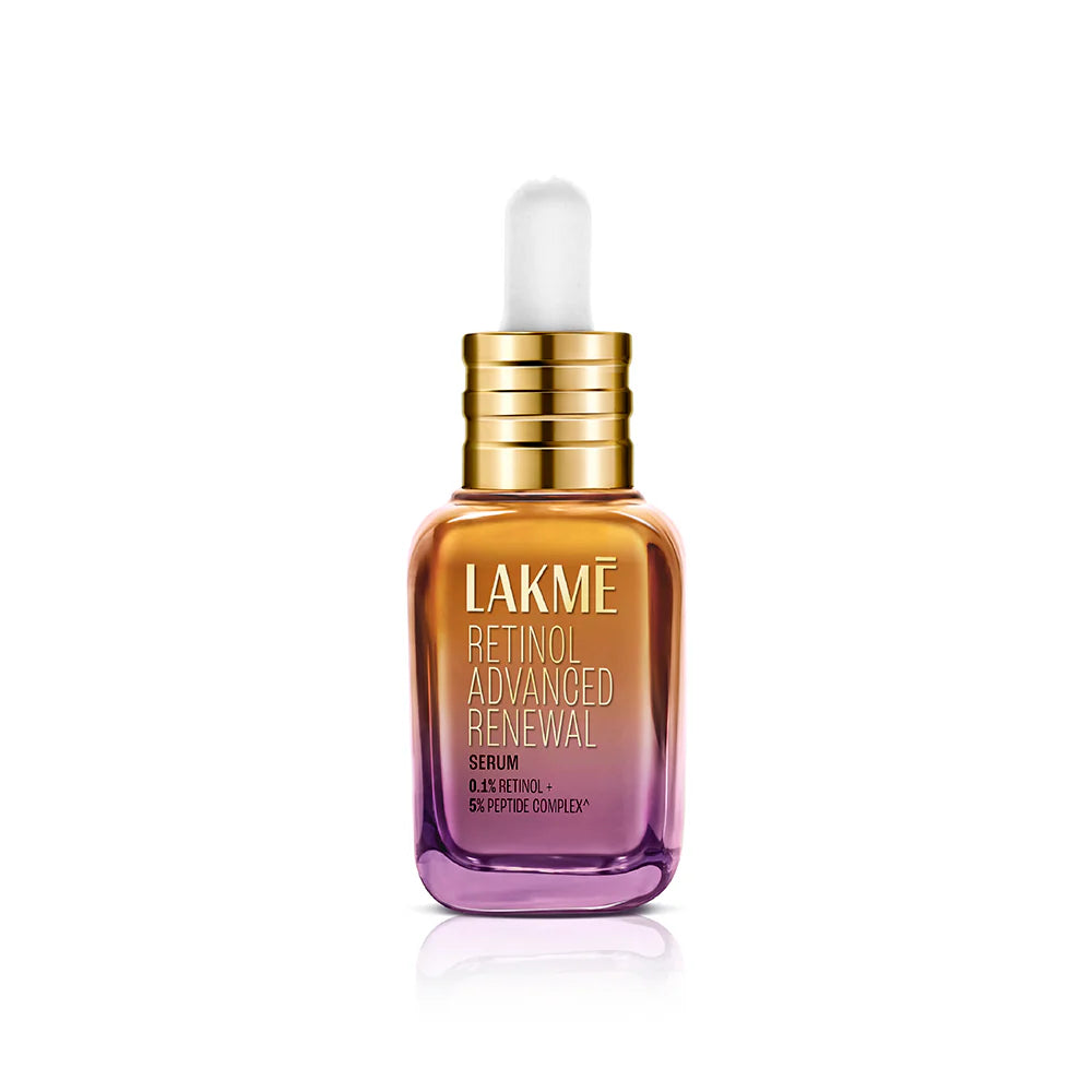 Lakmé retinol advanced renewal serum bottle with gold cap and white dropper, purple liquid