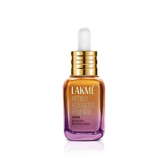 Lakmé retinol advanced renewal serum bottle with gold cap and white dropper, purple liquid