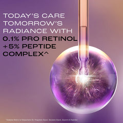 Lakmé retinol serum dropper bottle with white nozzle and gold cap, purple glow burst