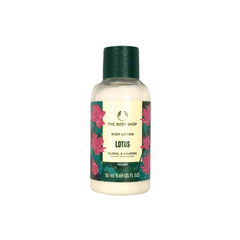The Body Shop lotus body lotion bottle, 50 ml, green cap with floral labels