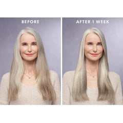 Silver hair color comparison, before and after 1 week using purple treatment