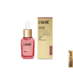 Lakme glycolic face serum bottle and gold carton box, white dropper, red liquid