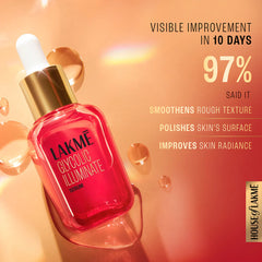 Lakme glycolic face serum bottle with white dropper, gold collar, red glass vial