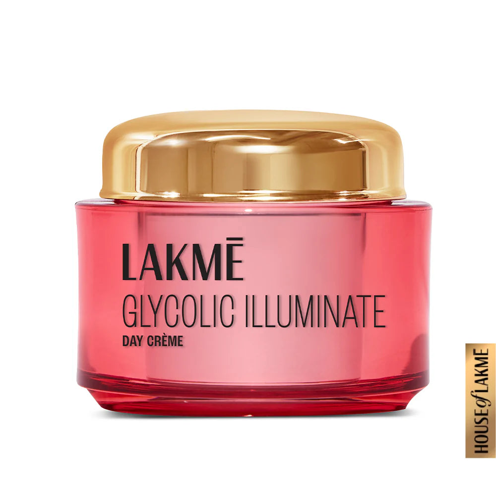 Lakme Glycolic Illuminate day creme jar with gold lid, pink glass jar