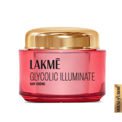 Lakme Glycolic Illuminate day creme jar with gold lid, pink glass jar